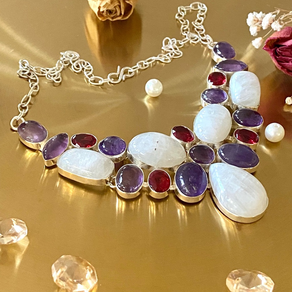 Rainbow Moonstone, Amethyst And Garnet Cluster Necklace - Picture 2 of 13